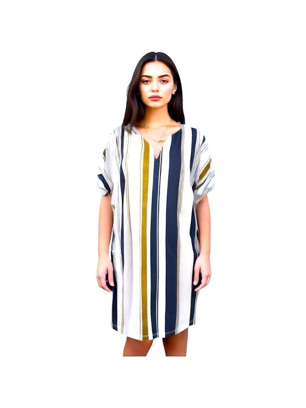 Azul By Moussy Shirt Dress Sz S White Coastal Striped Short Sleeves Midi Shif